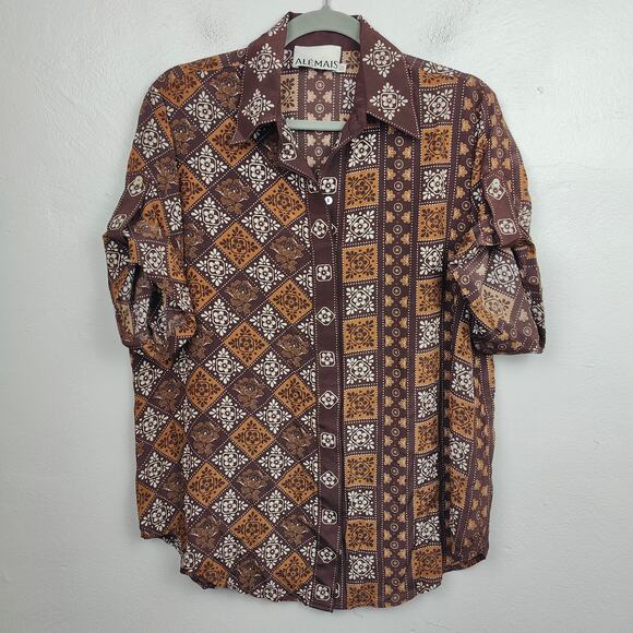 Alemais Carmella Top Womens 2 US Chocolate Brown Geometric Silk Button Up Blouse - Picture 1 of 7